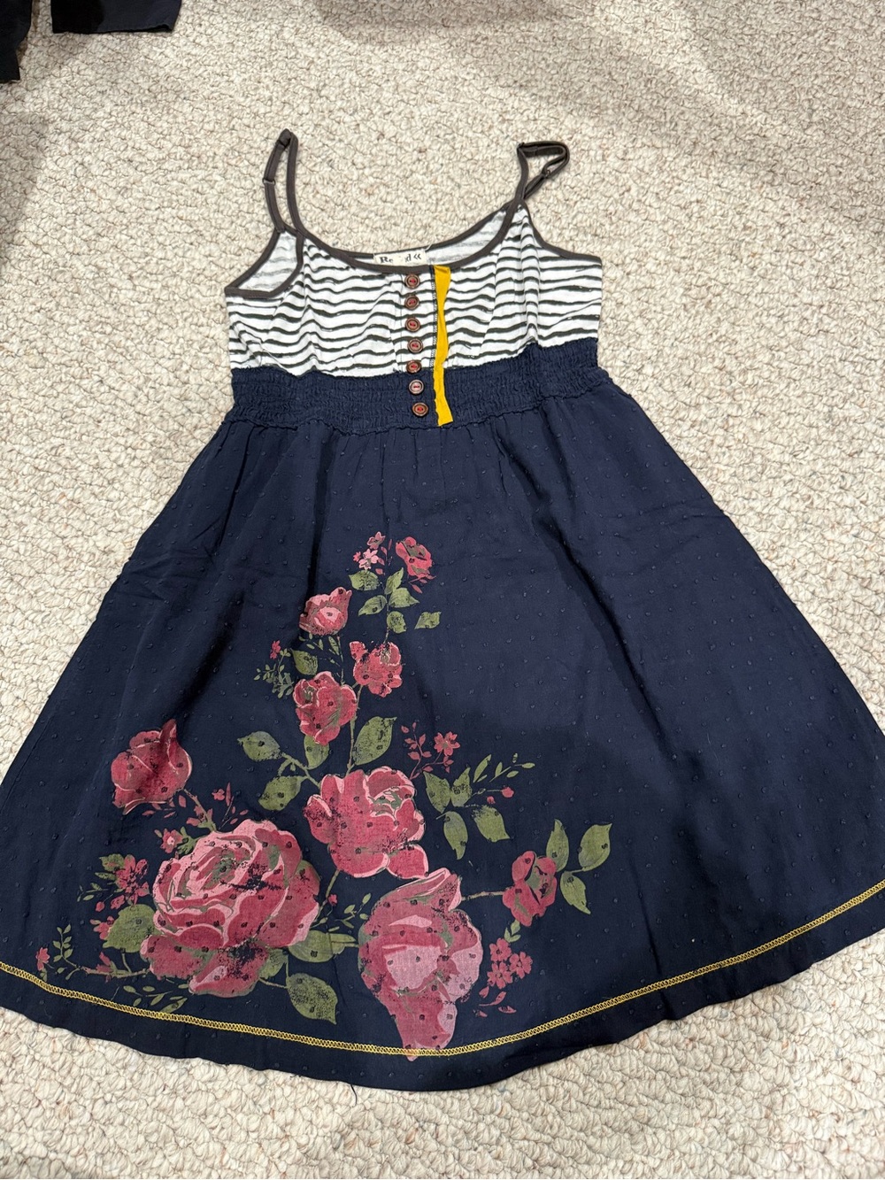 Rewind Navy Striped Bodice Floral Sundress with Pink Roses